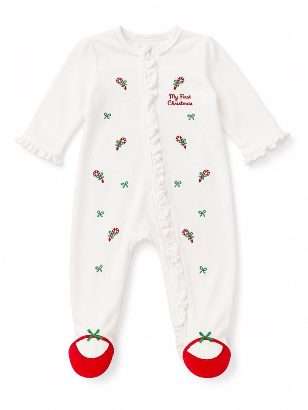 New - Little Me White & Red Holiday Velour Footed One-Piece